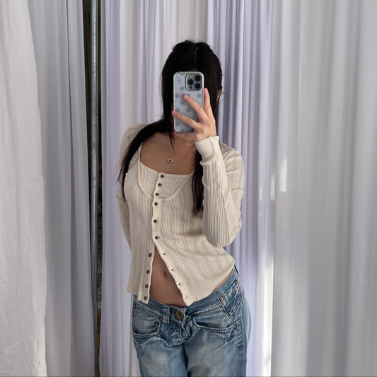 IKKS Cream Beige Ribbed Fitted Layered Brass Button Faux Cardigan Top