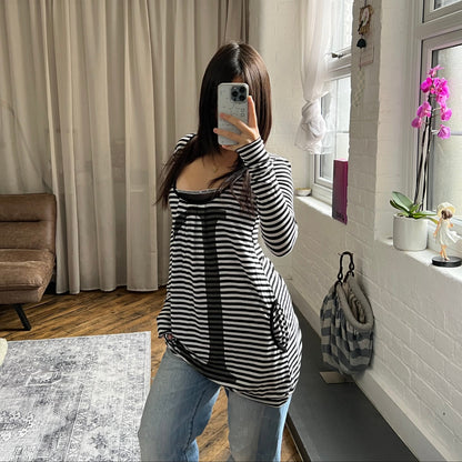 denny rose balletcore white black striped lace trim d graphic dress shirt