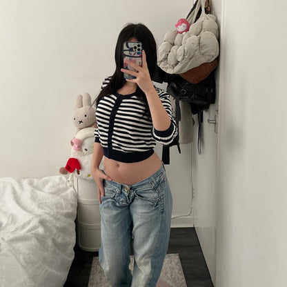 burberry blue label navy white striped puff sleeve crop cardigan