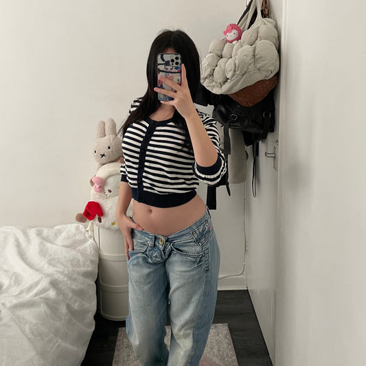 burberry blue label navy white striped puff sleeve crop cardigan