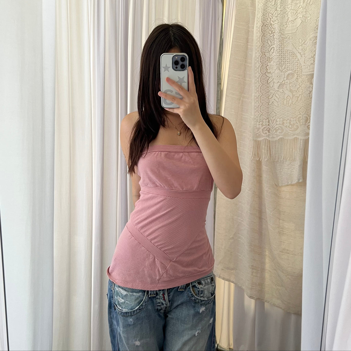 Fornarina Pink Striped Banded Button Accent Bandeau Top