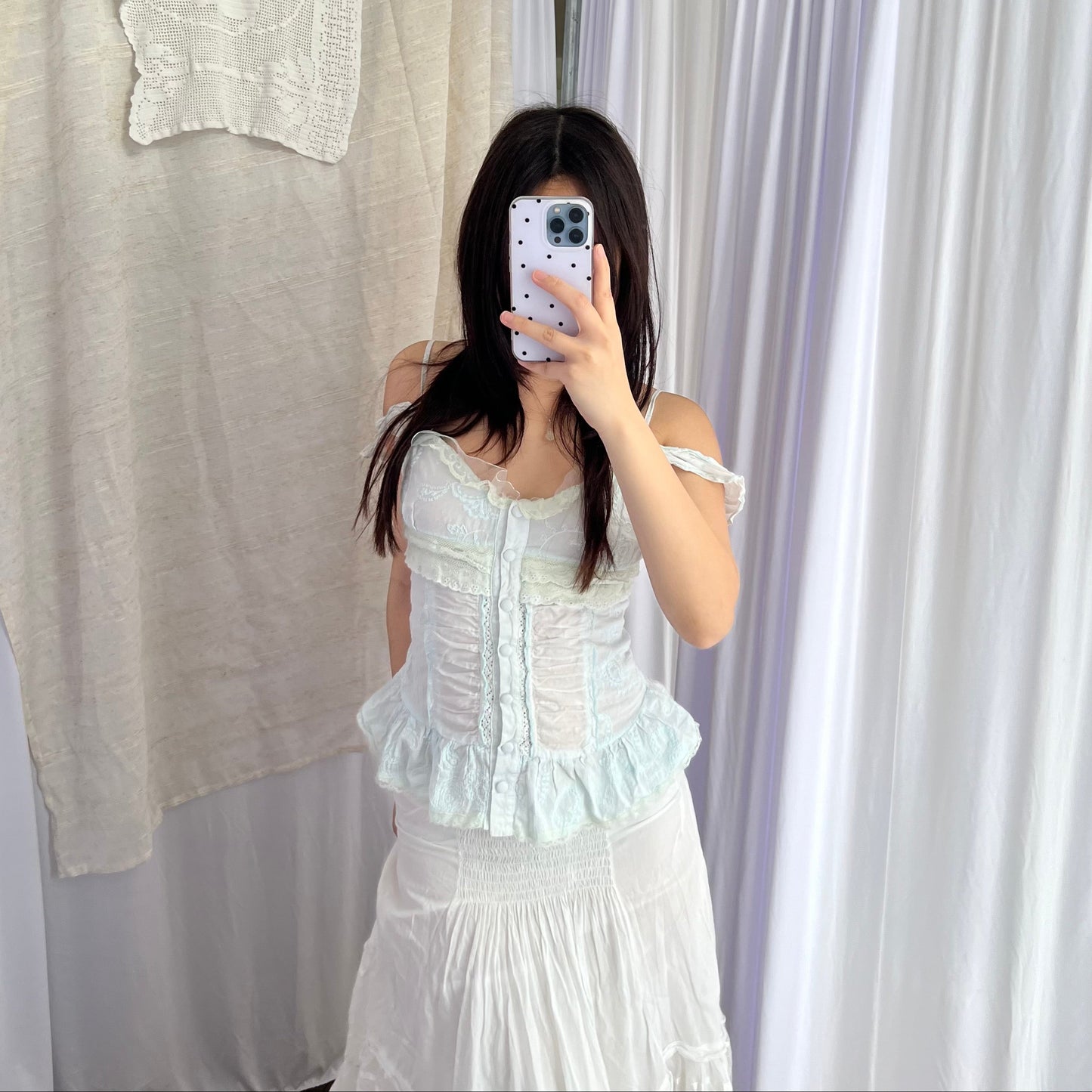 Baby Blue Angelic Frilly Lace Ruched Button Down Corset Blouson Cami
