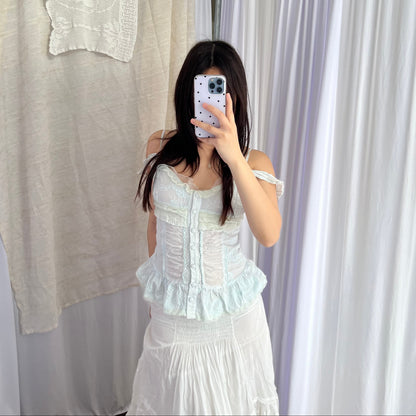 Baby Blue Angelic Frilly Lace Ruched Button Down Corset Blouson Cami