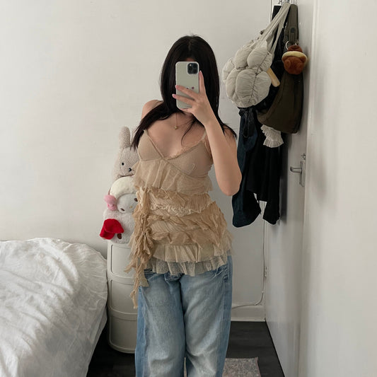 vintage boho fairy silk blend beige mesh tiered babydoll camisole