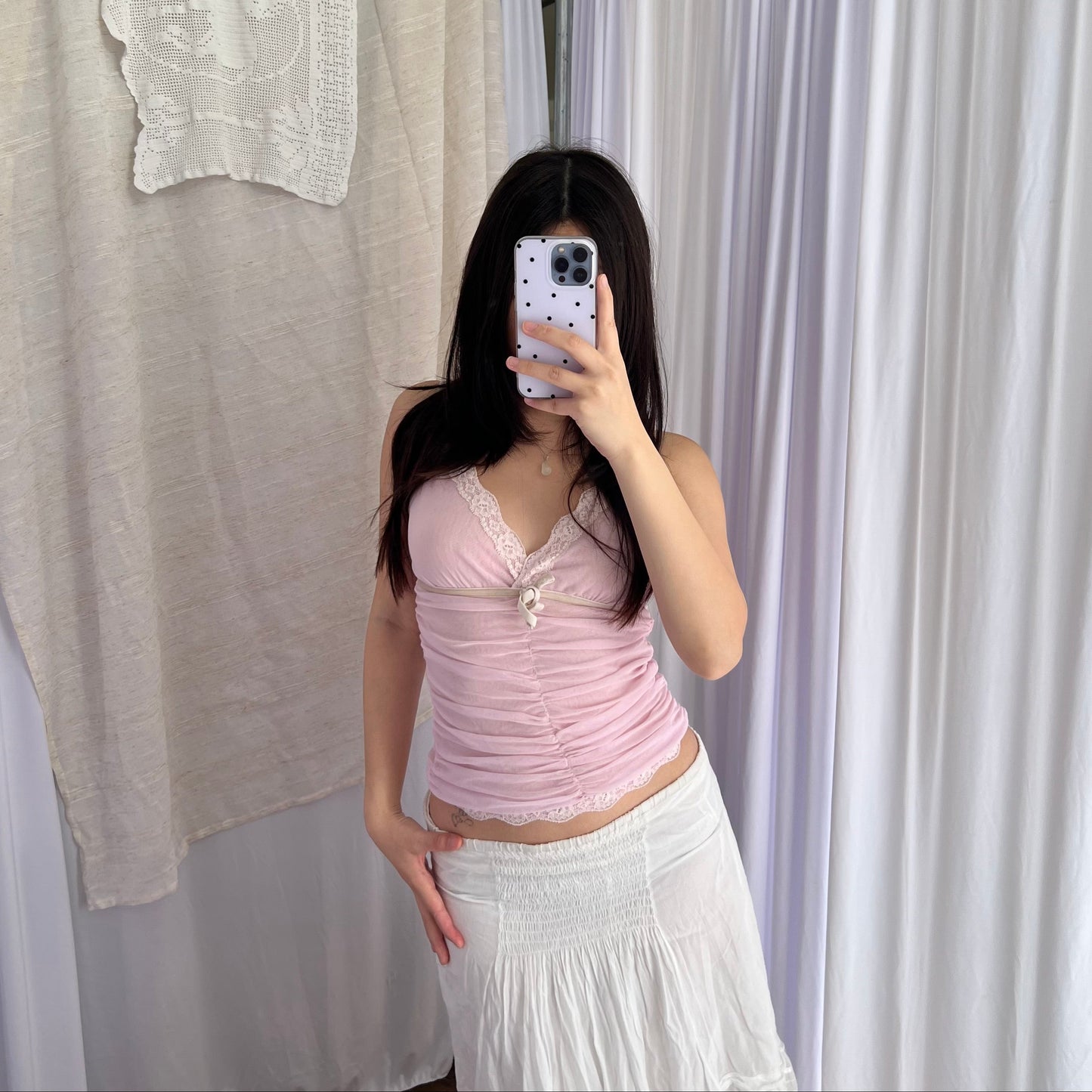 Miss Tokyo Baby Pink White Ruched Ivory Velvet Trim Lacey Camisole