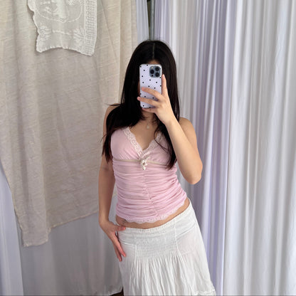 Miss Tokyo Baby Pink White Ruched Ivory Velvet Trim Lacey Camisole