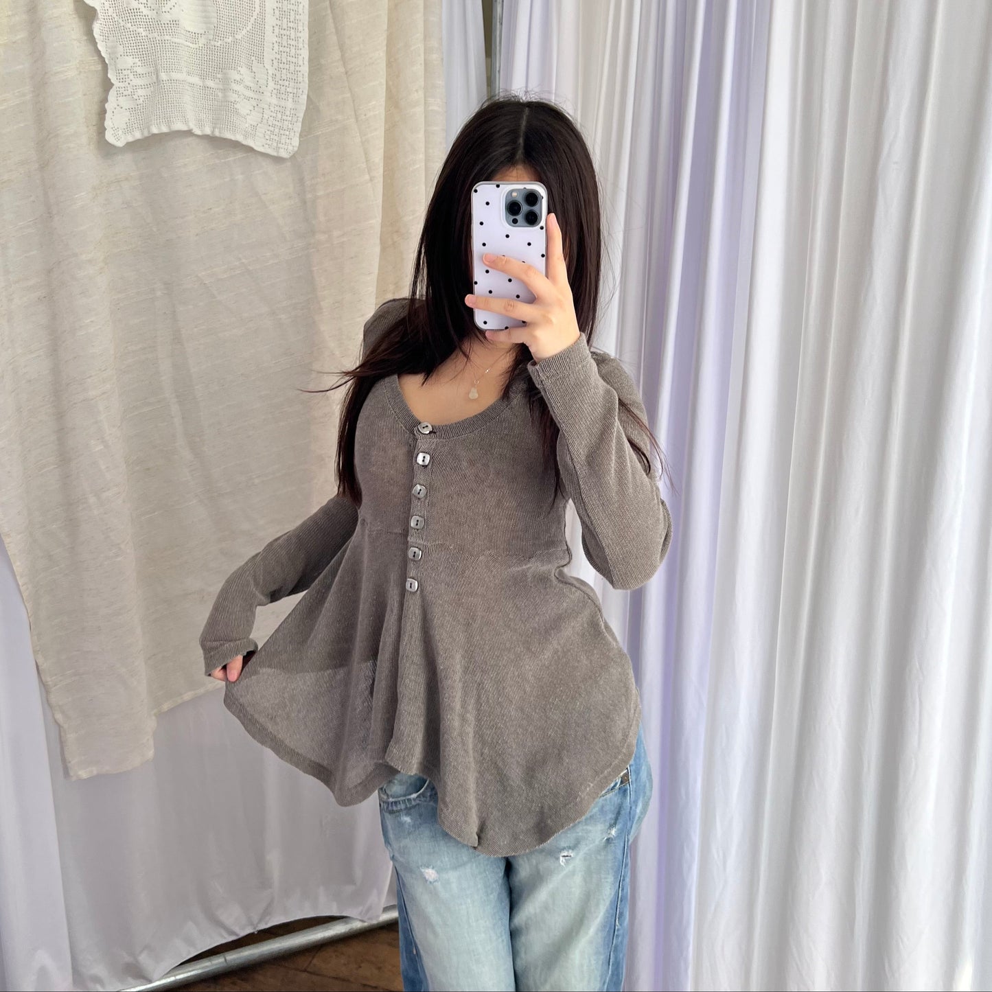 Taupe Fleur De Sel Button Flared Hem Long Sleeve Top