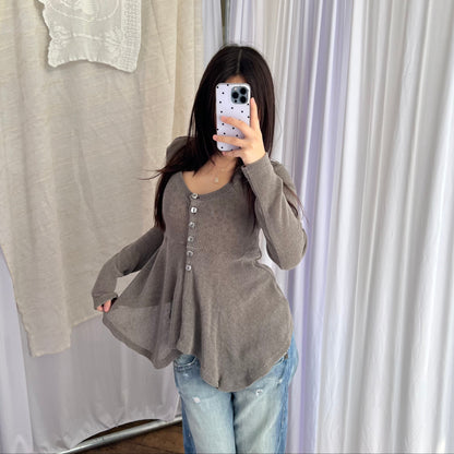Taupe Fleur De Sel Button Flared Hem Long Sleeve Top