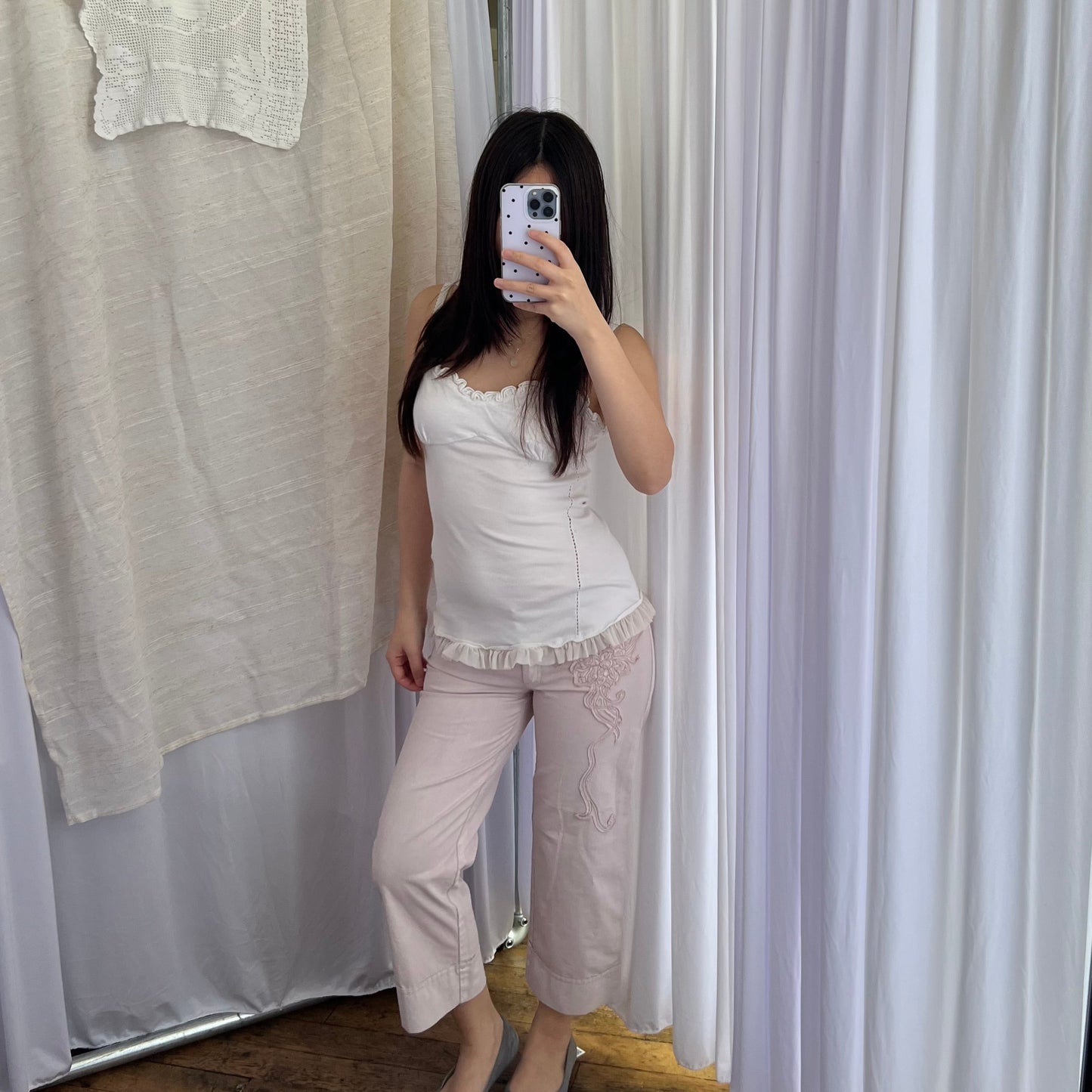 Cop Copine Light Pink Low Mid Rise Wide Leg Cropped Embroidery Trousers