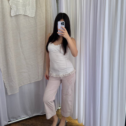 Cop Copine Light Pink Low Mid Rise Wide Leg Cropped Embroidery Trousers