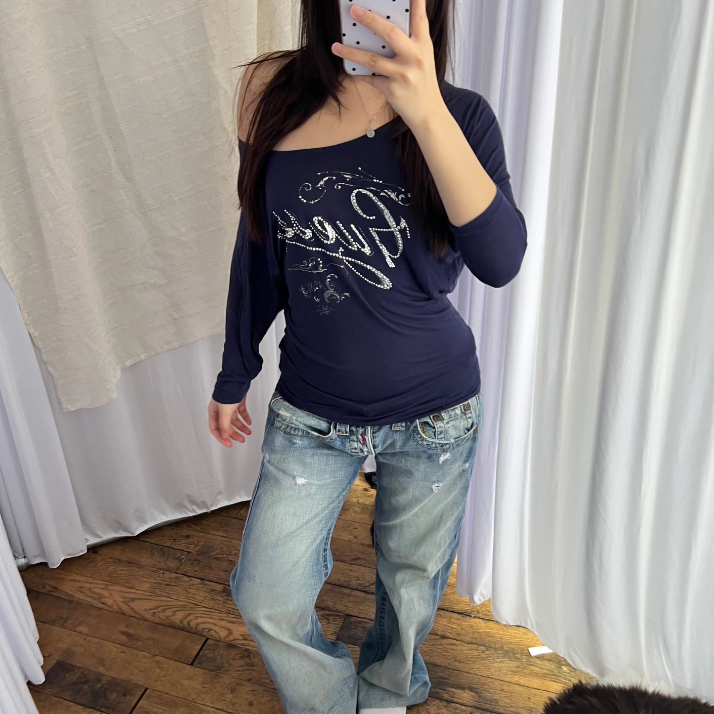 Guess Navy Silver Italic Stud Light Batwing Half Sleeve Tunic Top