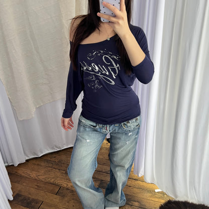 Guess Navy Silver Italic Stud Light Batwing Half Sleeve Tunic Top