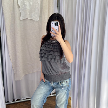 Dark Green Grey Ruffle Beaded Collar Halterneck Open Back Sleeveless Tunic Blouse