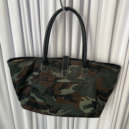 Nylon Leather Khaki Camo Buckle Front Tassel Keychain Tote Bag
