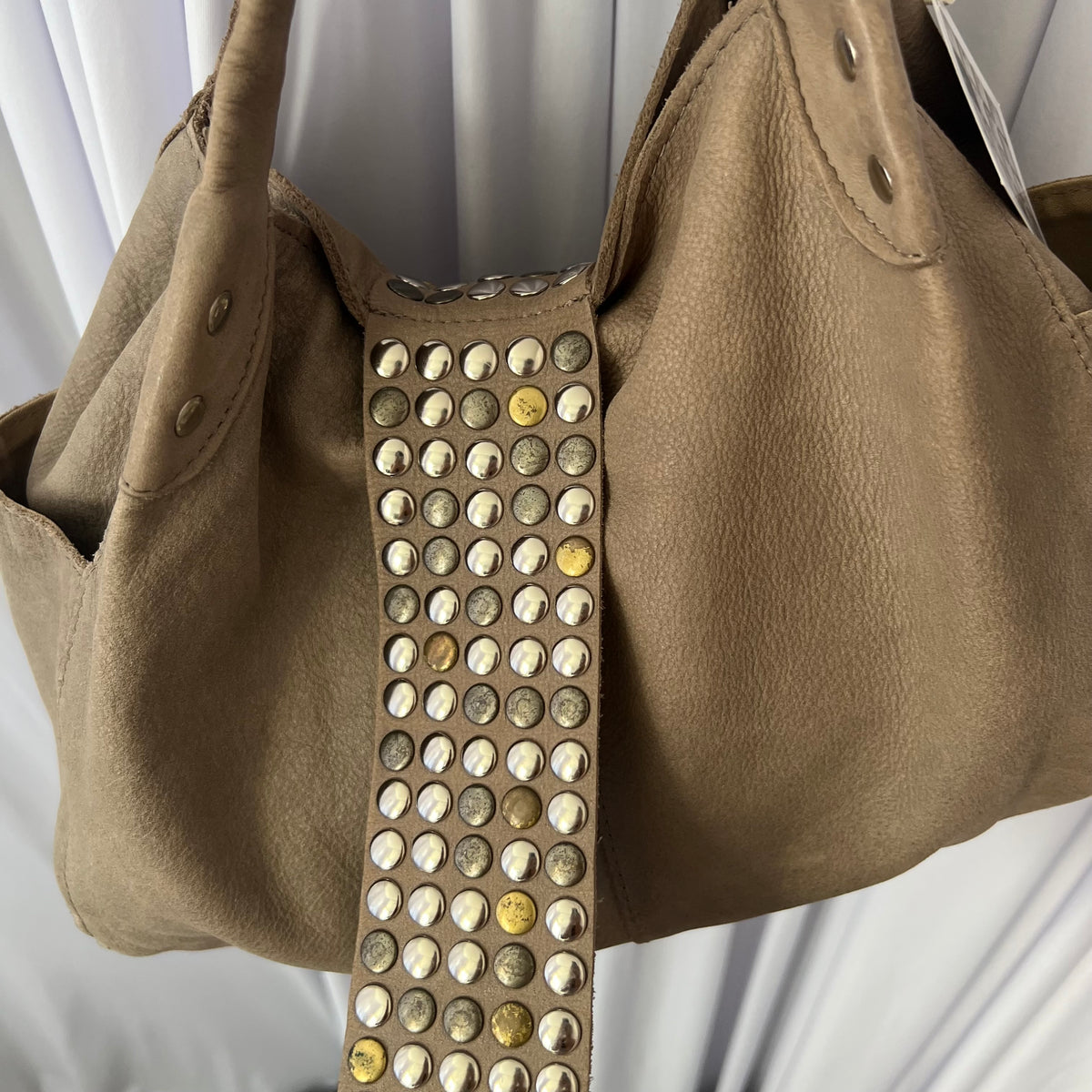 Taupe Brown Leather Studded Fold Over Slouchy Shoulder Bag