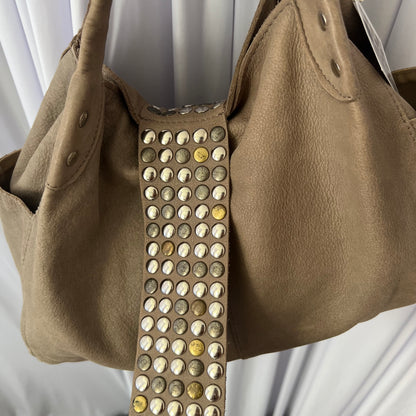 Taupe Brown Leather Studded Fold Over Slouchy Shoulder Bag
