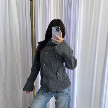 Vintage Speccio Grey Double Breasted Funnel Neck Button Accent Pea Coat