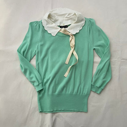 Cynthia Rowley Mint Green Scallop Collar Ribbon Knit Top