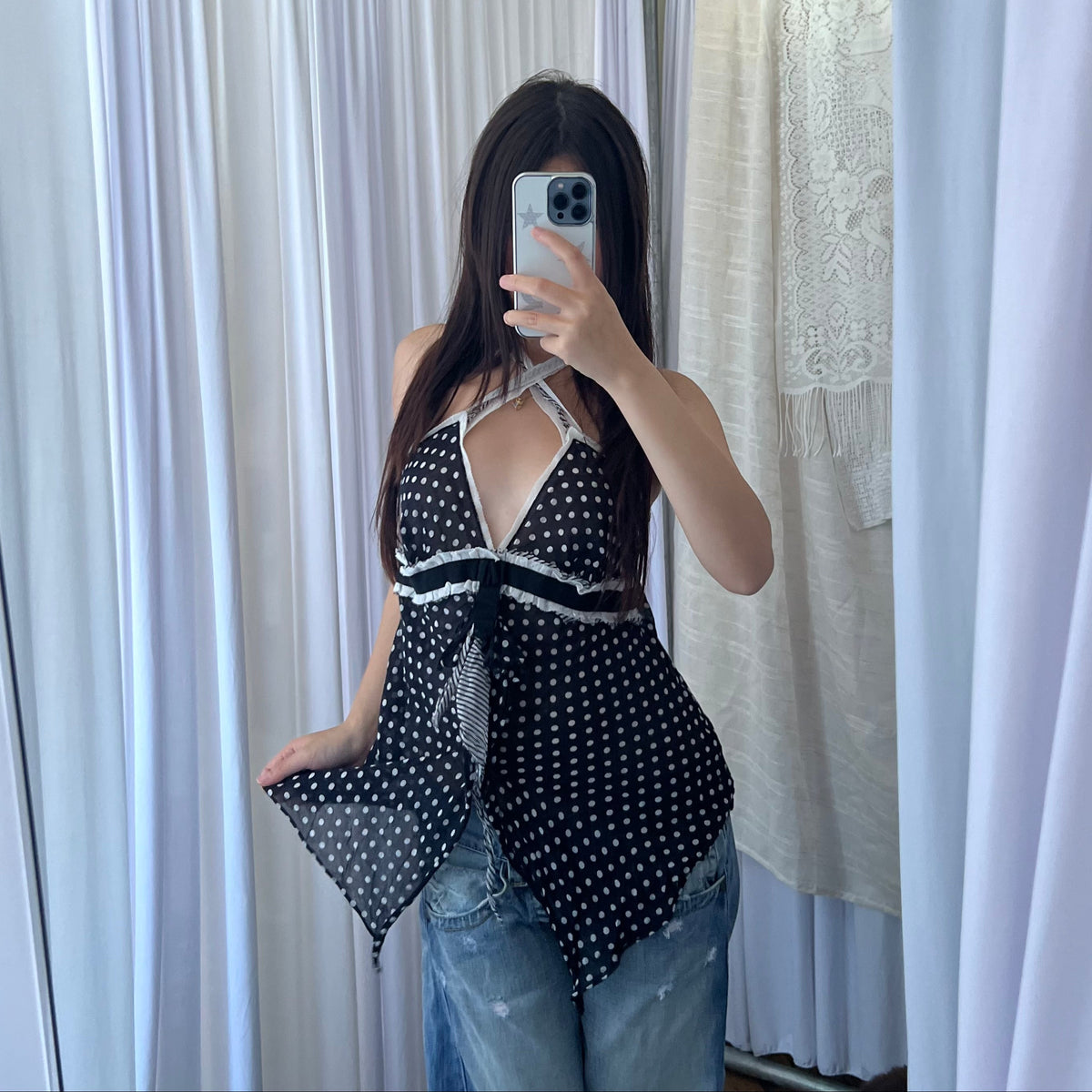 Xanaka Black White Polka Dot Ruffle Silk Blend Camisole
