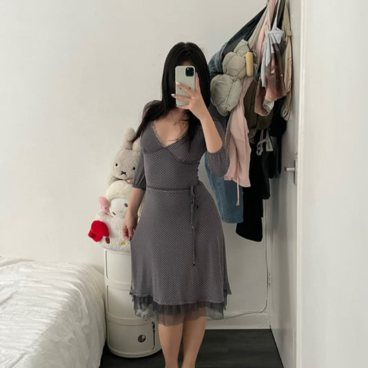 vive maria dusty grey polka dot 3/4 sleeve midi dress