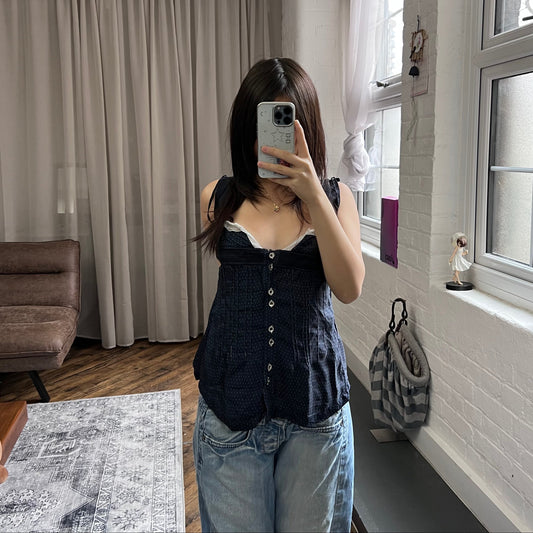 vintage high by claire campbell navy babydoll polka dot milkmaid lacey trim camisole top