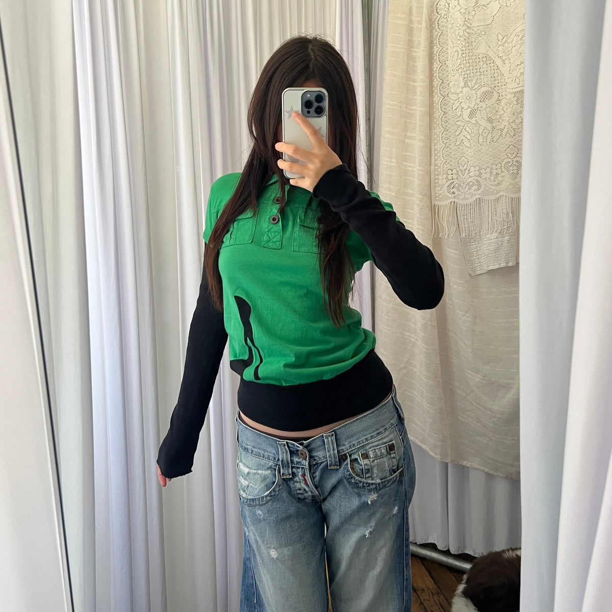 American Retro Green Black Layered Style Button Long Sleeve High Collar Top