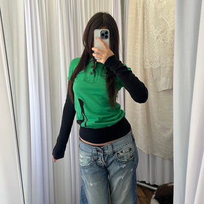 American Retro Green Black Layered Style Button Long Sleeve High Collar Top