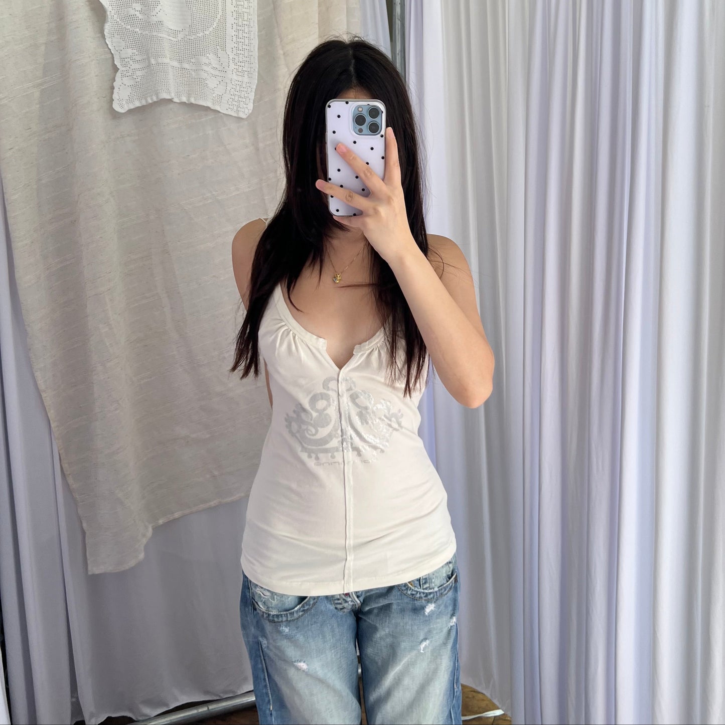 Fornarina White Silver Ornate Graphic Ribbed Vest Top