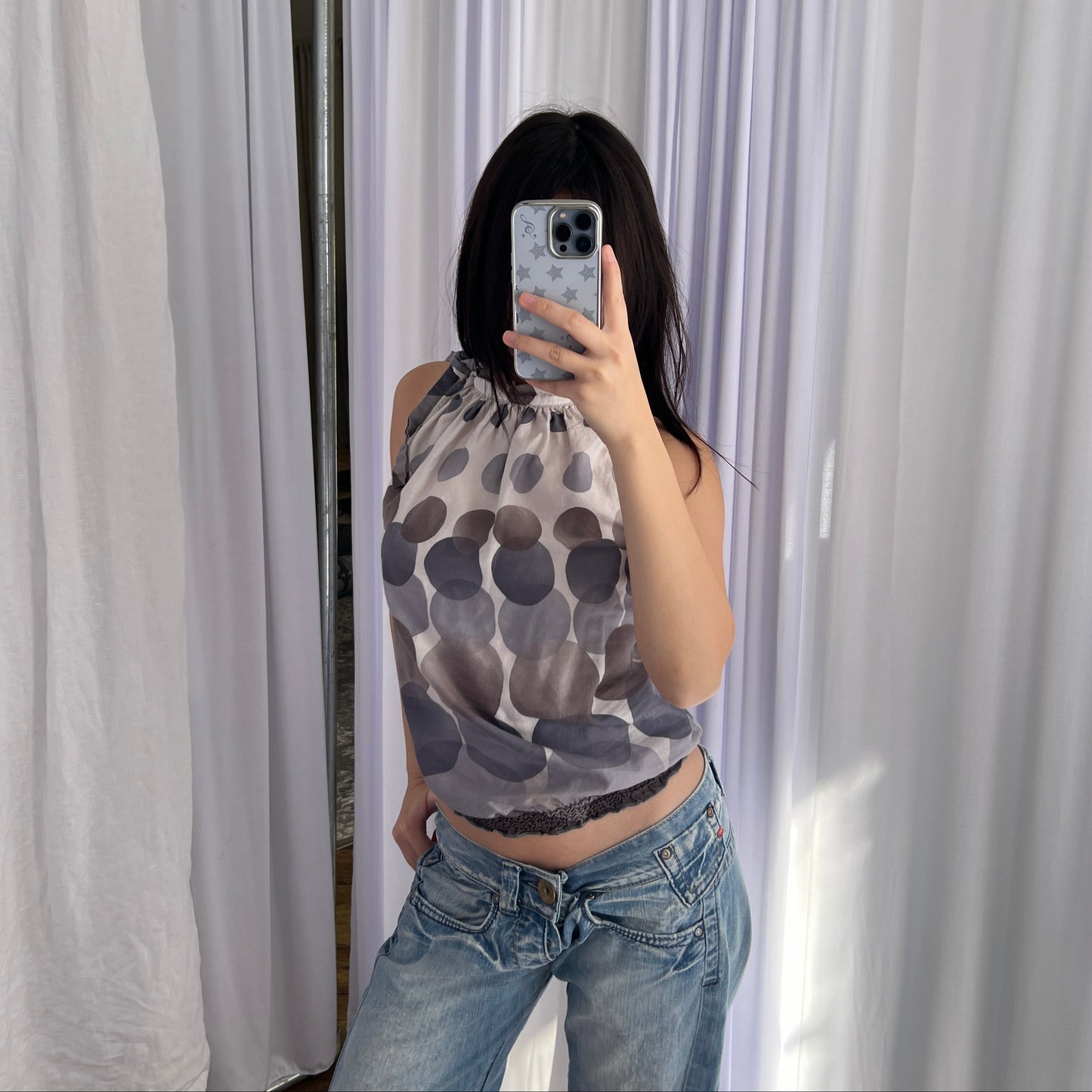 Camaieu White Grey Taupe Polka Dot Gradient High Neck Ribbon Blouson