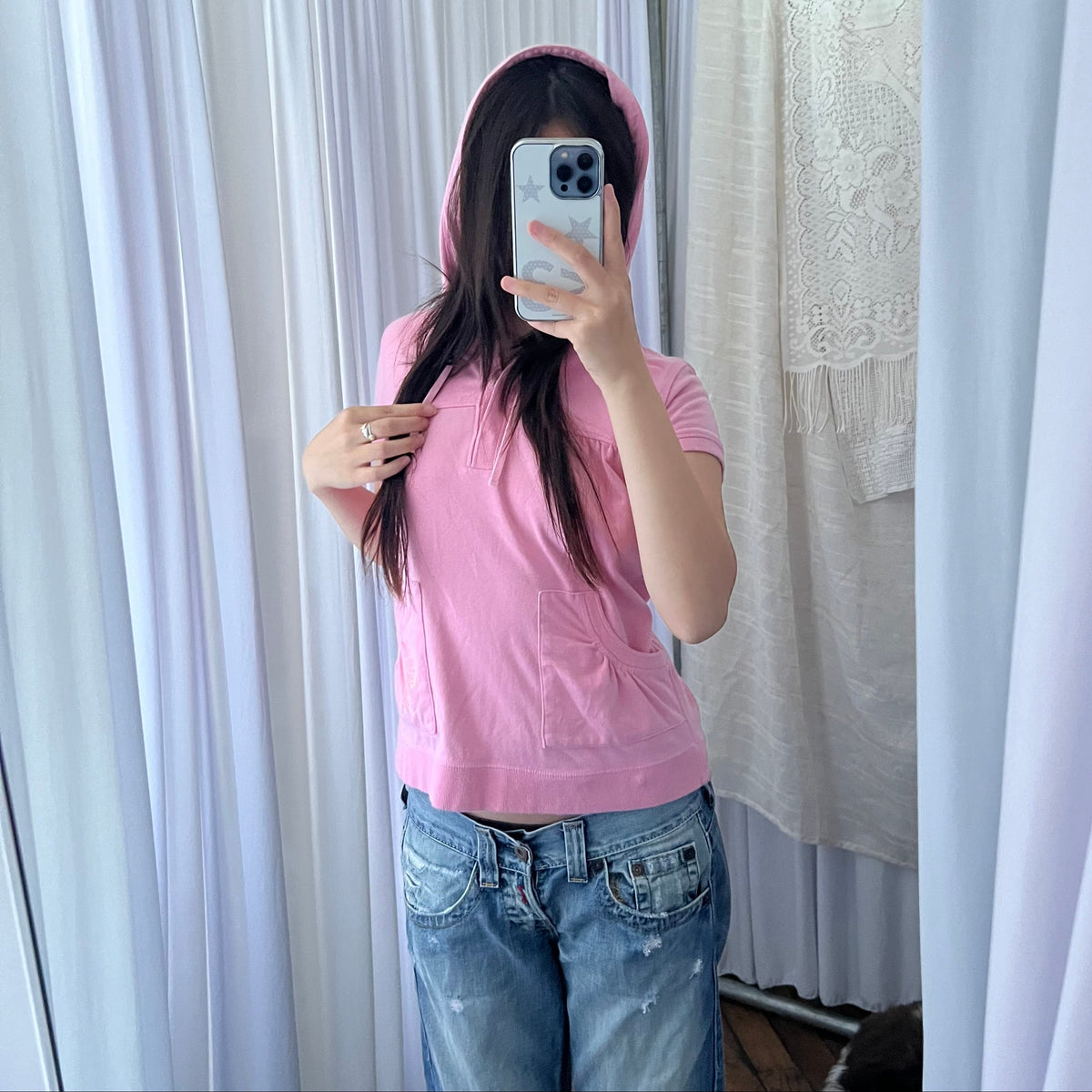 Pink Bape Cap Sleeve Ruched Crop Babydoll Tunic Hoodie