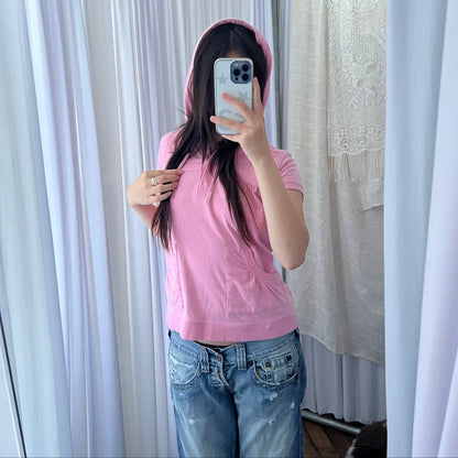 Pink Bape Cap Sleeve Ruched Crop Babydoll Tunic Hoodie