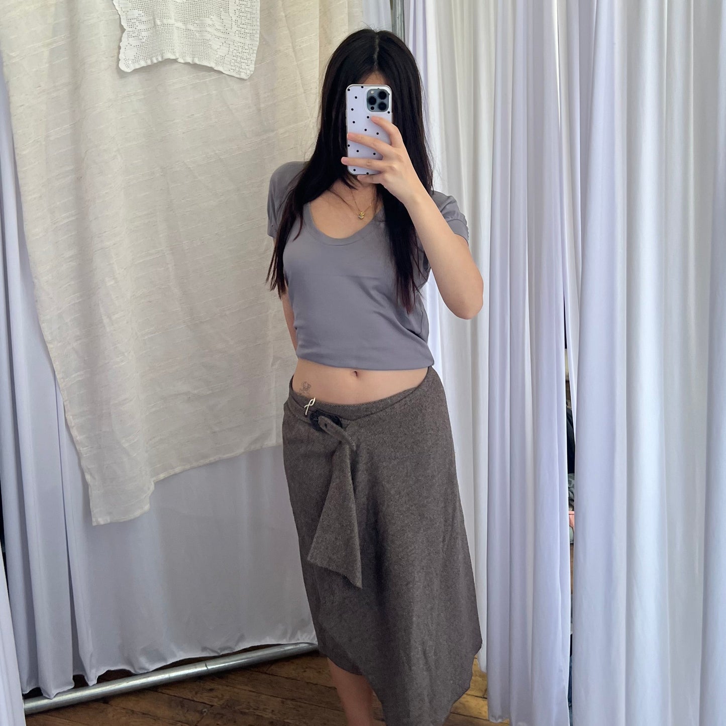 Brown Herringbone Tweed Wool Blend Wrap Style Ornate Buckle Midi Skirt