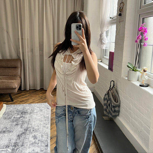 cop copine beige layered tunic ruched lace neckline blouse