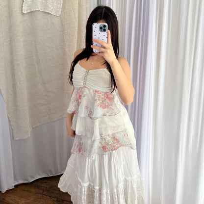 Vintage White Blue Floral Ruched Bust Frilly Silk Tiered Camisole