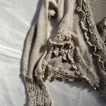 Vintage Beige Sharois Frilly Fine Lacey Knit Trim Wrap Style Knit Top