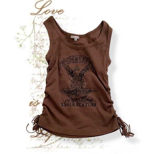 colza ruched corset lace up side vest top with vintage western print