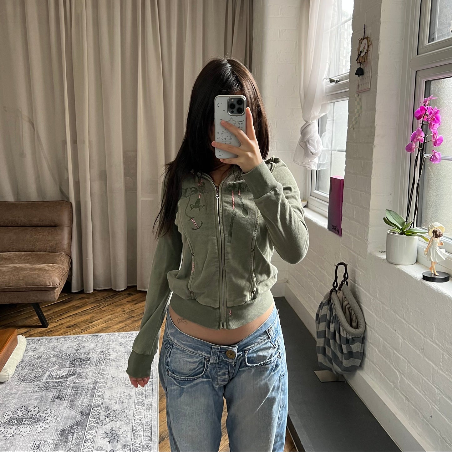 vintage diesel red tag khaki embroidery ornament text long sleeve zip hoodie jacket