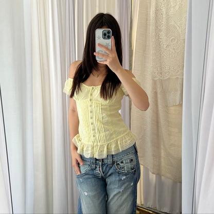 Guess Yellow Milkmaid Corset Ruffle Lace Trim Blouse