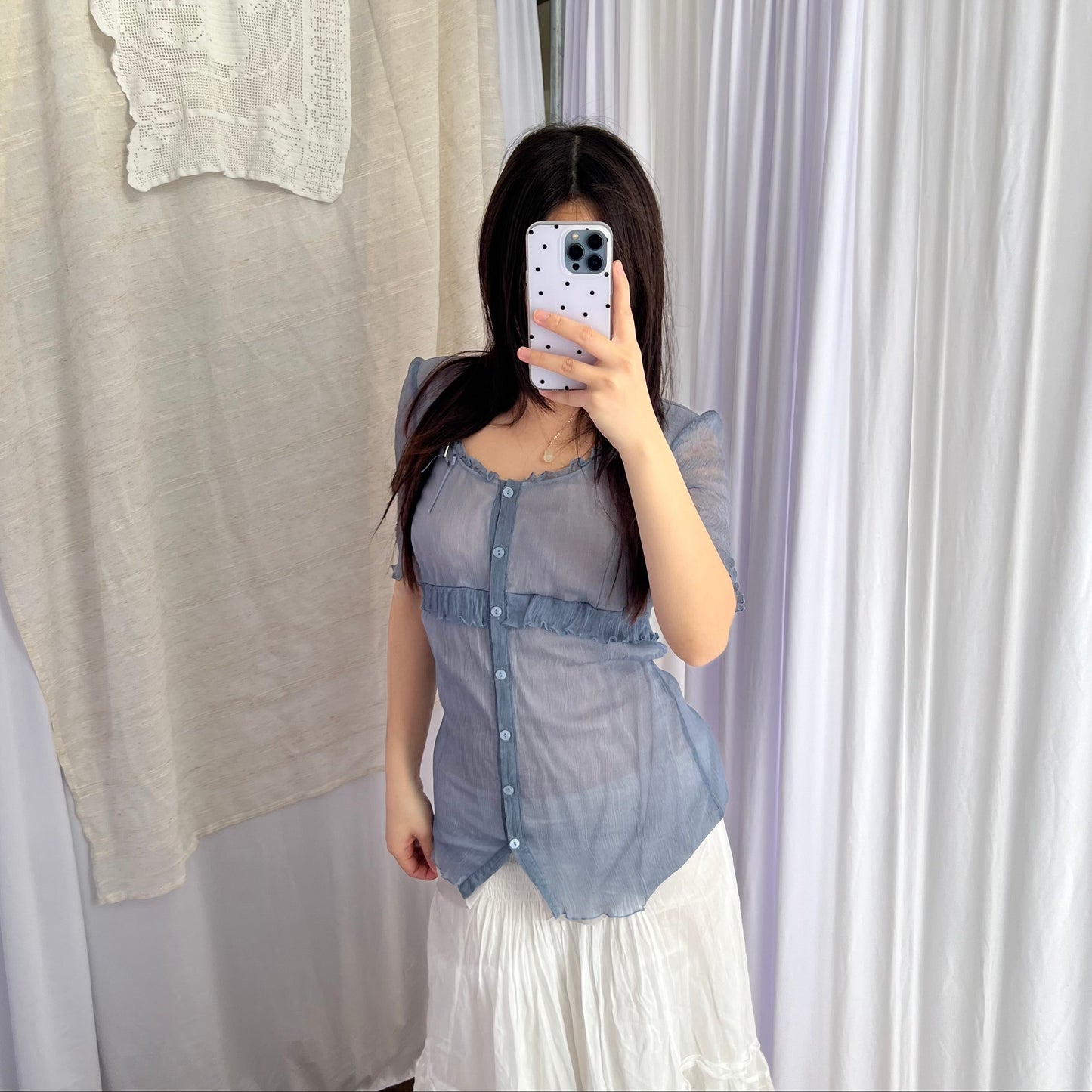 Exe Sheer Powder Blue Short Sleeve Lacey Button Down Blouson Shirt