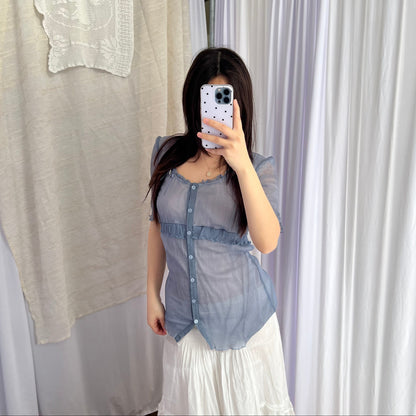 Exe Sheer Powder Blue Short Sleeve Lacey Button Down Blouson Shirt