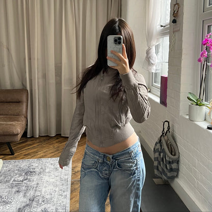 utility clockhouse greige high neck button long sleeve bomber blouson jacket