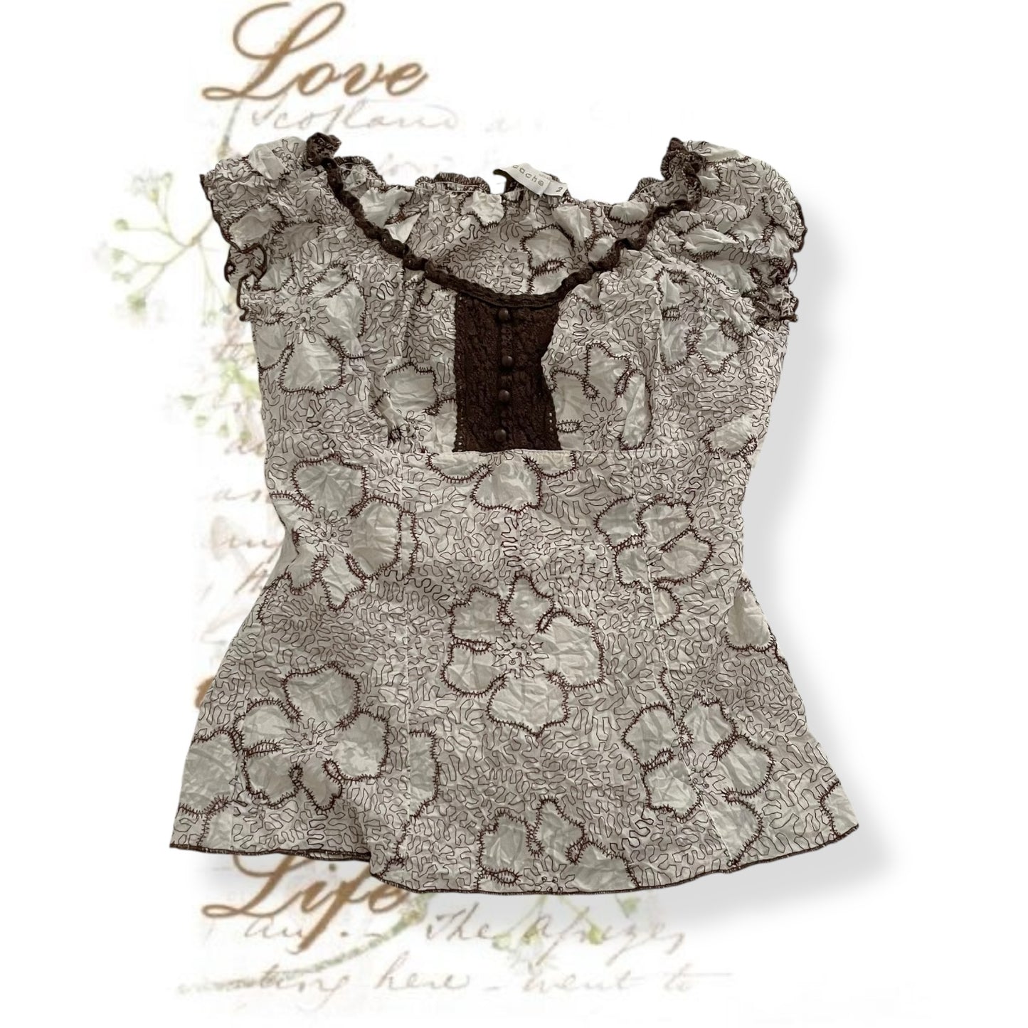cache cache white brown floral embroidery design lace blouse