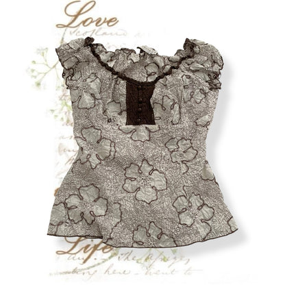 cache cache white brown floral embroidery design lace blouse