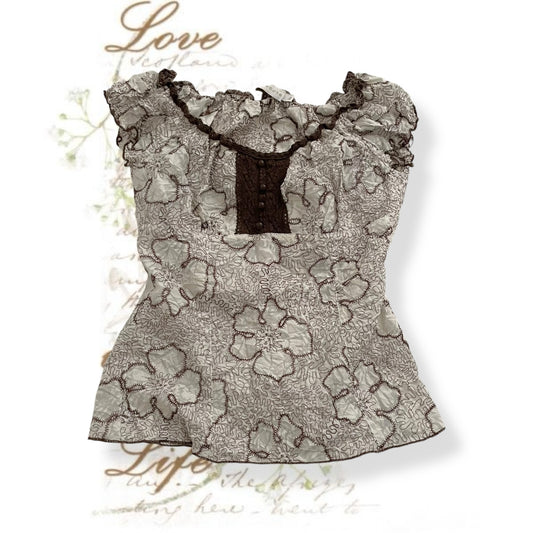 cache cache white brown floral embroidery design lace blouse