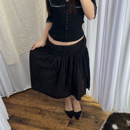 Sisley Eurosummer Ruched Black Cotton Midi Skirt