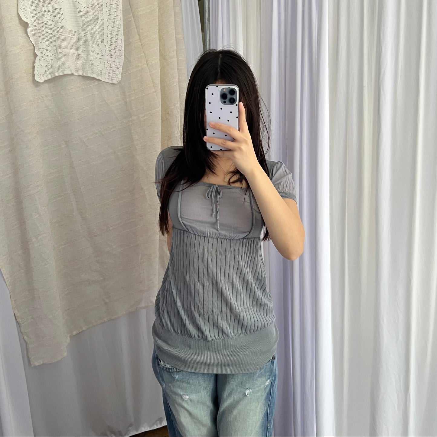 Sasch Grey Blue Milkmaid Layered Puff Hem Two In One Knit Top