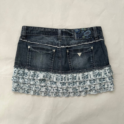 Guess Jeans Medium Wash Denim Blue Floral Ruffle Hem Mini Skirt