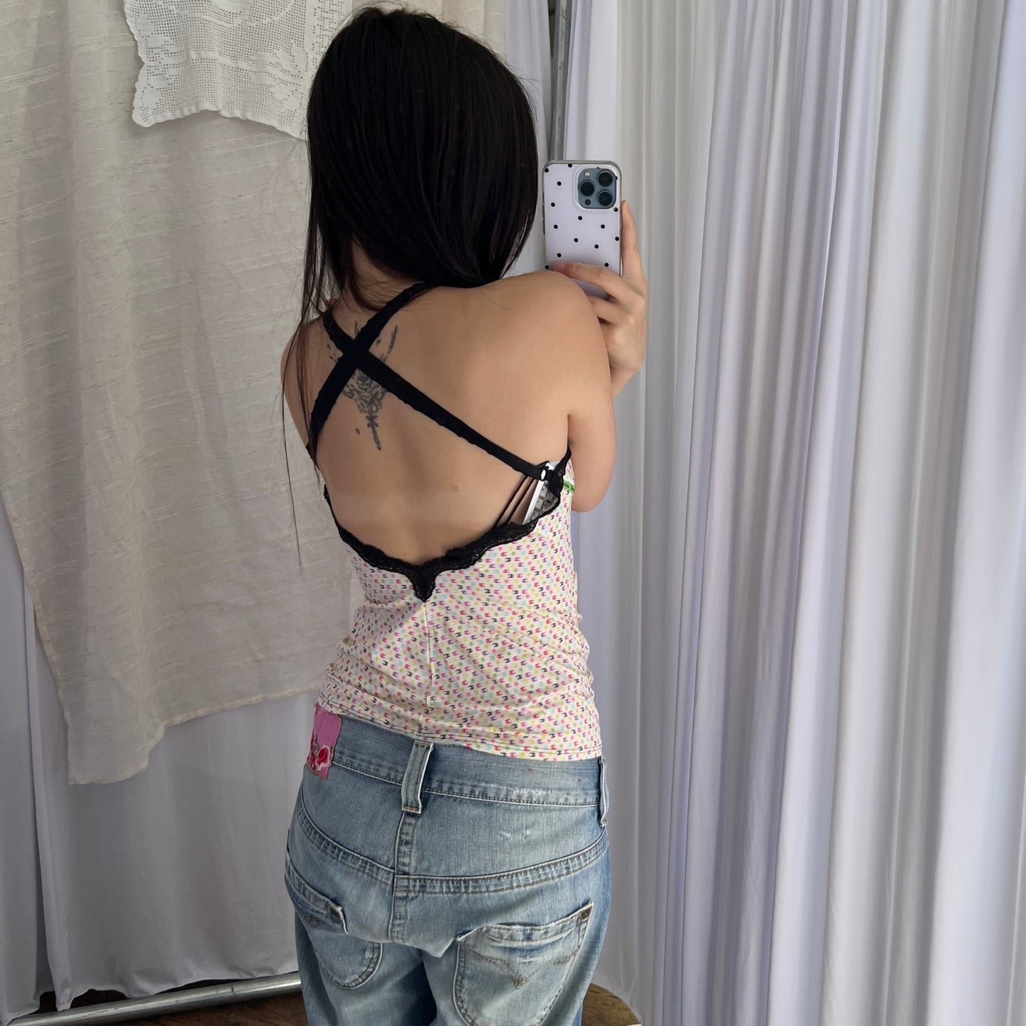Just Cavalli Spring Pastel White Multi Colour Monogram Lacey Trim Bow Camisole