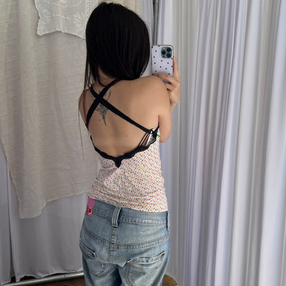 Just Cavalli Spring Pastel White Multi Colour Monogram Lacey Trim Bow Camisole
