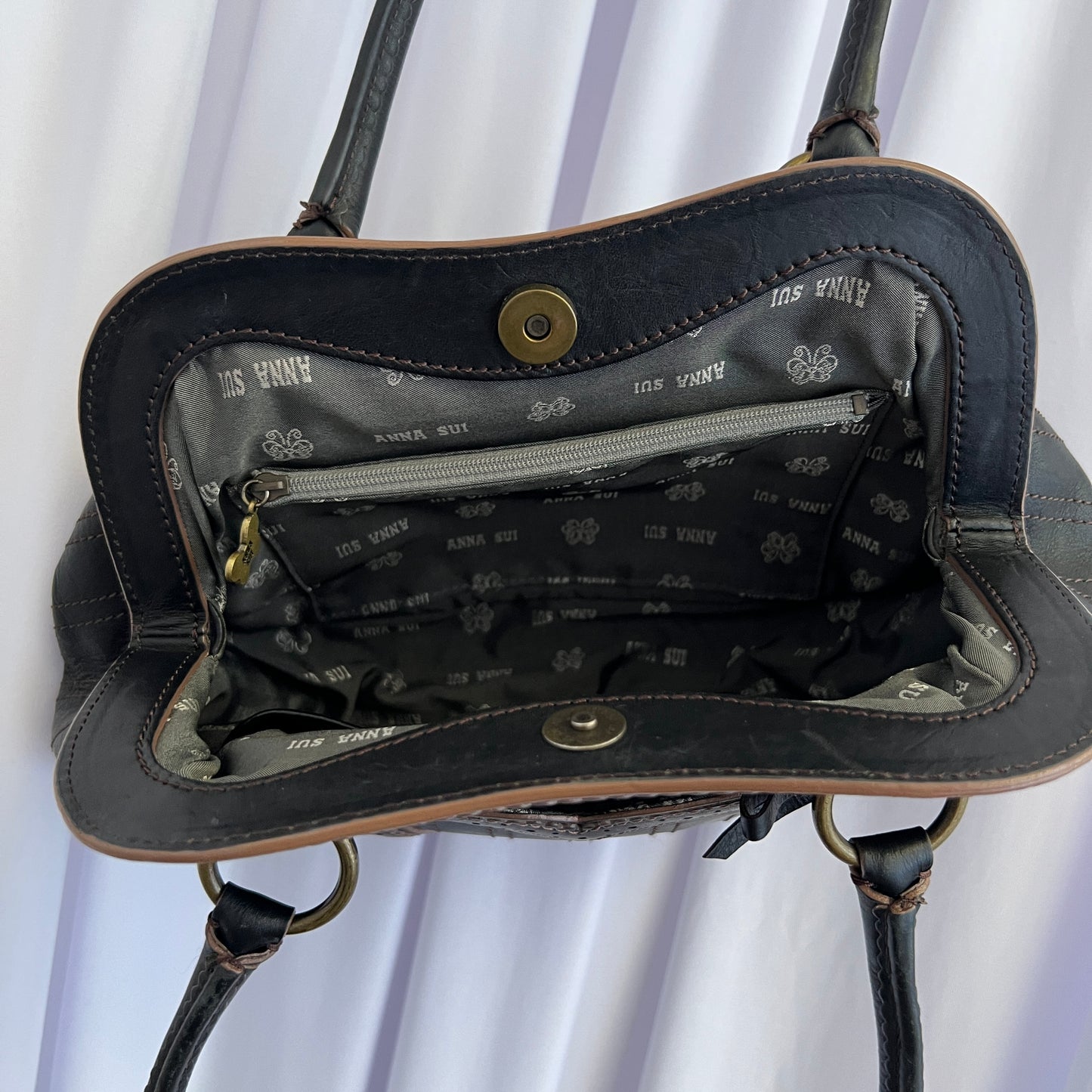 Anna Sui Black Leather Balletcore Panelled Pouch Shape Shoulder Bag